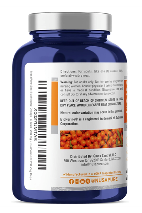 NusaPure Sea Buckthorn Omega-7  30:1 Extract, 250 mg Equivalent to 7,500mg per Veggie 200 Capsules.
