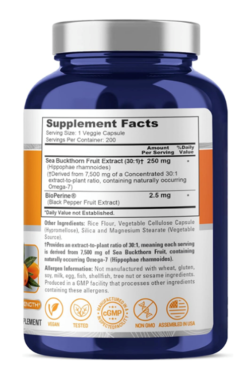 NusaPure Sea Buckthorn Omega-7  30:1 Extract, 250 mg Equivalent to 7,500mg per Veggie 200 Capsules.