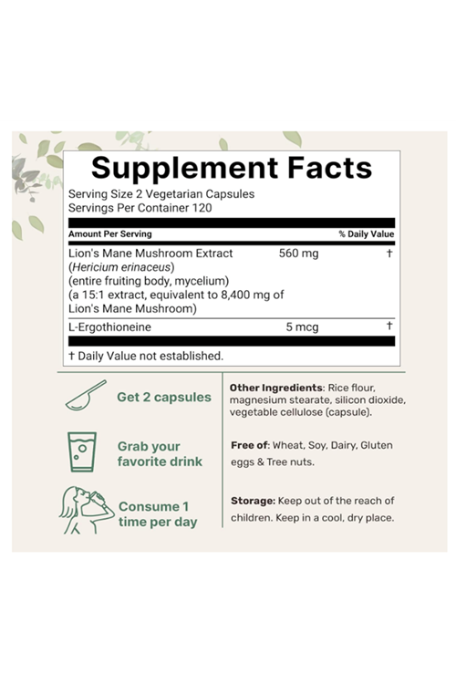 Micro Ingredients Lions Mane, 240 Veggie Capsul with L-Ergothioneine, 4 Month Supply  Brain, Energy, Immune Health Support.