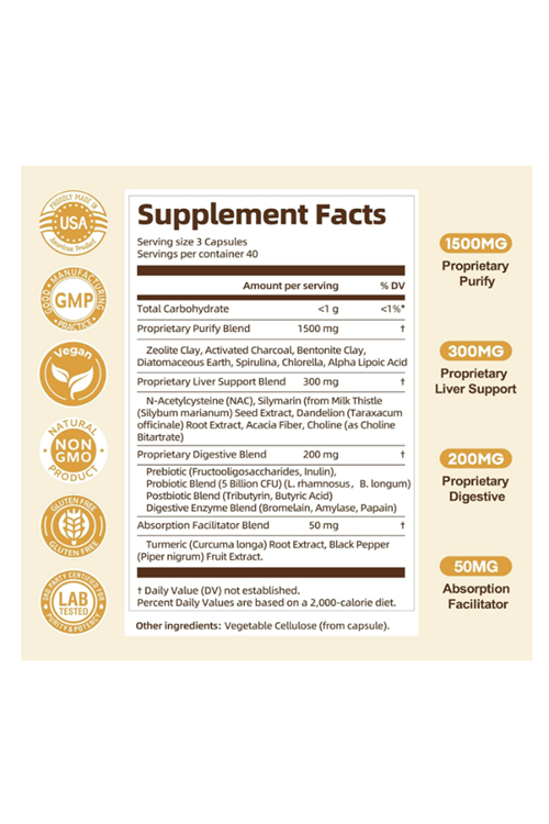 Totaria Complete Binder Detox  Activated Charcoal, Zeolite, Bentonite Clay, Alpha Lipoic Acid, 7-Layer Detox  Cleanse, Liver Gut 120 Capsul.