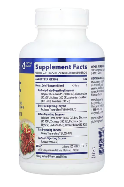 Enzymedica, Digest Gold® with ATPro®, Maximum Strength, 240 Capsules.