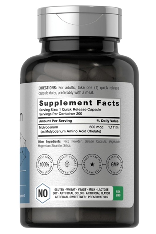 Horbaach Molybdenum  500mcg  Quick release 200 capsules  Amino Acid Chelate.