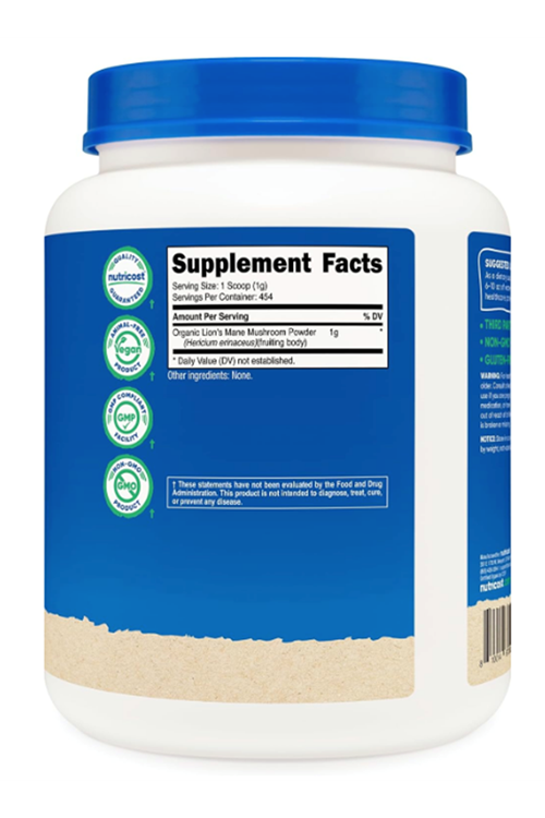 Nutricost Organic Lion's Mane Mushroom Powder 454gr - Certified USDA Organic.