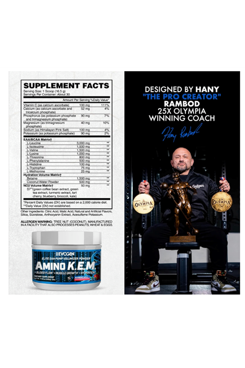 Evogen Amino K.E.M. - EAA  BCAA Pump Volumizer BCAAs Amino Acids for Blood Flow, Muscle Growth, Hydration  30 Servings.