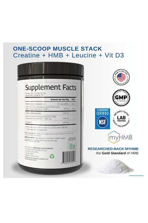 VINATURA HMB Creatine Leucine  465gr - 5g Creatine Monohydrate, 3g HMB, 3g L-Leucine - Vitamin D3, Vegan Lemonade Flavor, Muscle  Strength Support - 30 Servis.