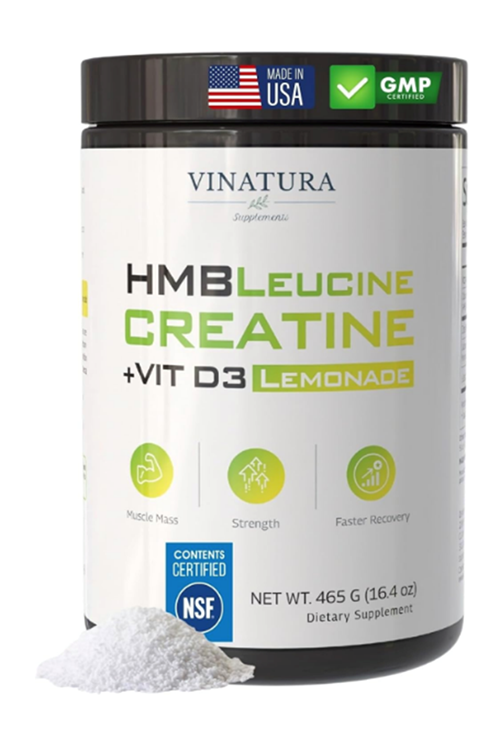 VINATURA HMB Creatine Leucine  465gr - 5g Creatine Monohydrate, 3g HMB, 3g L-Leucine - Vitamin D3, Vegan Lemonade Flavor, Muscle  Strength Support - 30 Servis.