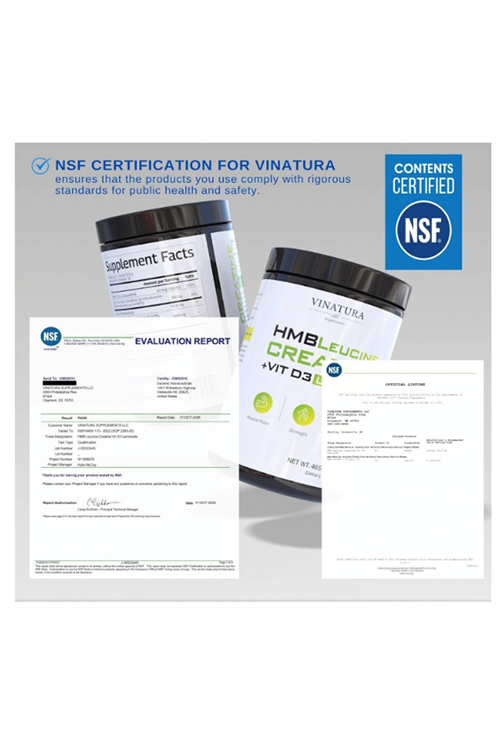 VINATURA HMB Creatine Leucine  465gr - 5g Creatine Monohydrate, 3g HMB, 3g L-Leucine - Vitamin D3, Vegan Lemonade Flavor, Muscle  Strength Support - 30 Servis.