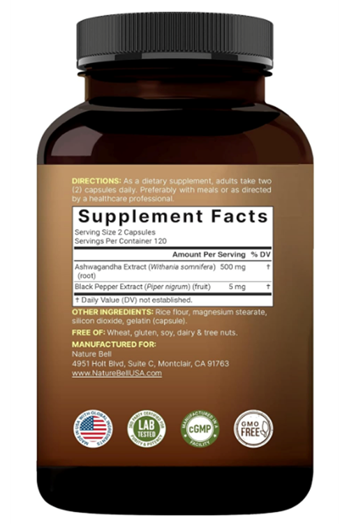 NatureBell Ashwagandha+ with Black Pepper Extract, 240 Capsules.Made ın Usa.