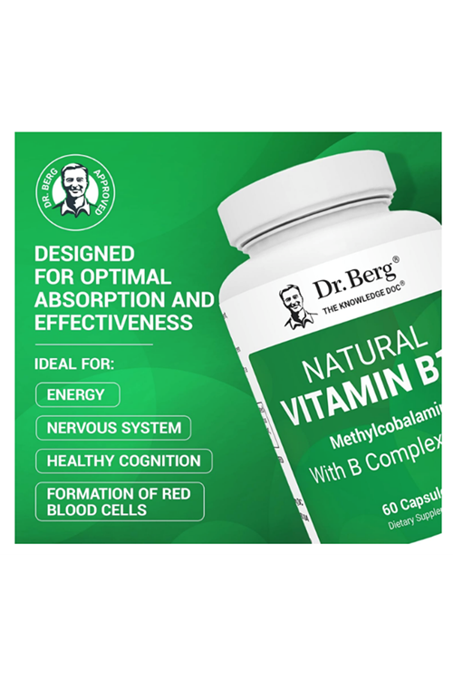 Dr. Berg Natural Vitamin B12 1000 mcg with B Complex Blend - Methylcobalamin B12 for Energy, Nerve Health, and Cognitive Function* - Methylated B12 with Folate - 60 Capsules.