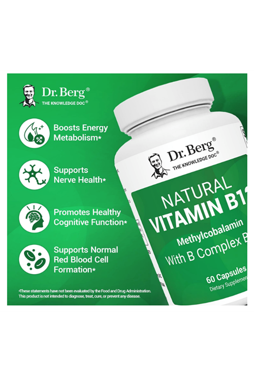 Dr. Berg Natural Vitamin B12 1000 mcg with B Complex Blend - Methylcobalamin B12 for Energy, Nerve Health, and Cognitive Function* - Methylated B12 with Folate - 60 Capsules.
