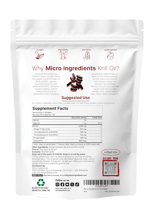 Micro Ingredients Antarctic Krill Oil 2,000mg  240 Softgels, Triple Strength, Rich in Omega-3s EPA, DHA  Natural Astaxanthin, Immune System  Brain Health.