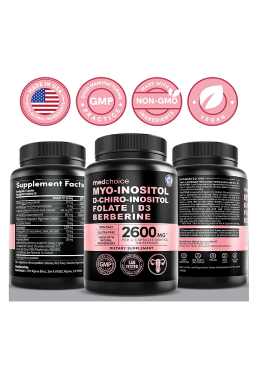 MEDCHOICE Myo-Inositol D-Chiro+Inositol+Folate+Vitamin D3+Zinc+Magnezium+Berberıne 120 Capsul.Abd Menşei.