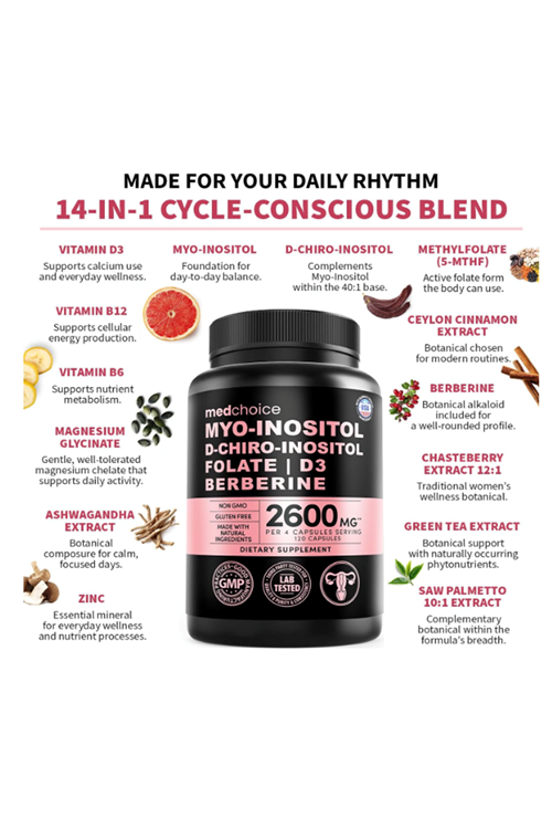 MEDCHOICE Myo-Inositol and D-Chiro Inositol,Folate, Vitamin D3, Zinc, Magnezium Berberıne 120 Capsul.