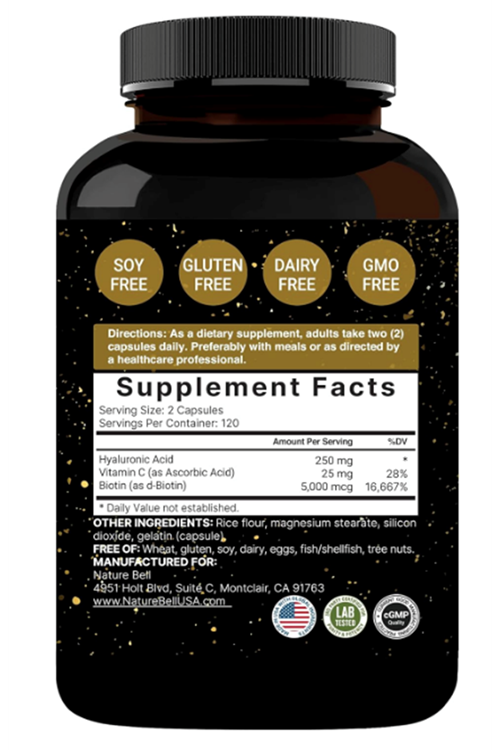NatureBell Hyaluronic Acid 250mg - 240 Capsules - 250mg Hyaluronic Acid, 5000mcg Biotin & 25 mg Vitamin C.