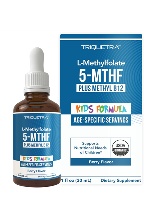 Triquetra Organic Kids L-Methylfolate + Methyl B12 Cofactor-MTHFR Sublingual Form-5-MTHF, Superior Form of Folate-Adjustable Dosing for All Ages-Mood,Behavior,Cognition 30ml.