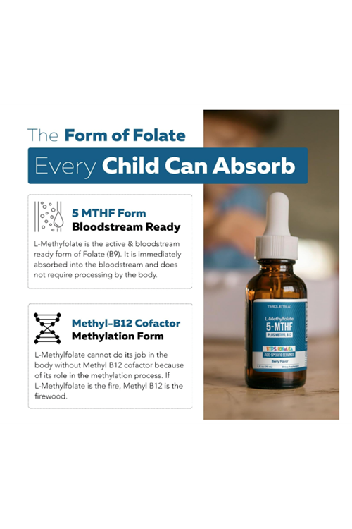 Triquetra Organic Kids L-Methylfolate + Methyl B12 Cofactor-MTHFR Sublingual Form-5-MTHF, Superior Form of Folate-Adjustable Dosing for All Ages-Mood,Behavior,Cognition 30ml.