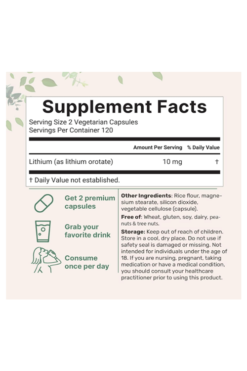 Micro Ingredients Lithium Orotate 10mg, (1 capsul 5mg) 240 Veggie Capsul  High Bioavailability Trace Mineral  Brain Mood Support