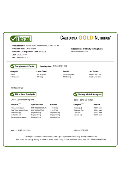 California Gold Nutrition, Folinic Acid, Alcohol Free, 1 fl oz (30 ml).