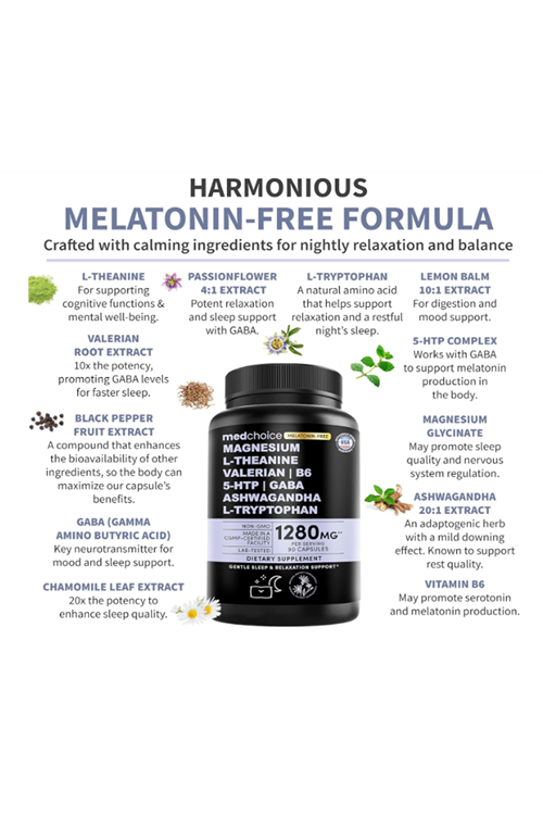MEDCHOICE  Magnezium, L-Theanıne, Valerian Root, B6,  5-HTP, GABA, Asvaganda, L-Tryptophan, 90 Capsul  Non-Habit Forming Balanced Blend.