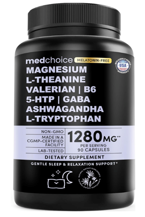 MEDCHOICE  Magnezium, L-Theanıne, Valerian Root, B6,  5-HTP, GABA, Asvaganda, L-Tryptophan, 90 Capsul  Non-Habit Forming Balanced Blend.