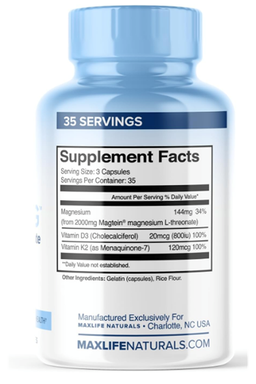 Maxlife Naturals Max-Mag Magnezium L-Threonate- 105 Capsules Made in USA- Magtein 2000mg with Vitamin D3 and K2 for Sleep, Mood & Brain.