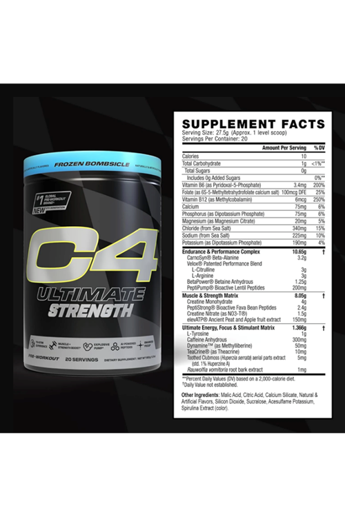 Cellucor C4 Ultimate Strength Pre Workout 20 Servis Tri-Stim Experience Caffeine+TeaCrine+Dynamine-Creatine Beta-Alanine.(Avrupa Değil.Amerikan İçeriktir)!!.