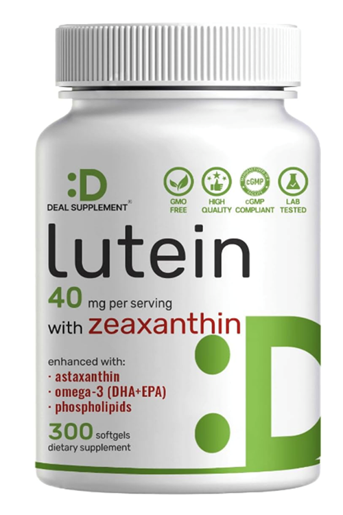DEAL SUPLAMENT Lutein and Zeaxanthin 40mg Per Serving, 300 Softgels Plus Astaxanthin, Omega-3s,  Phospholipids Non-GMO.