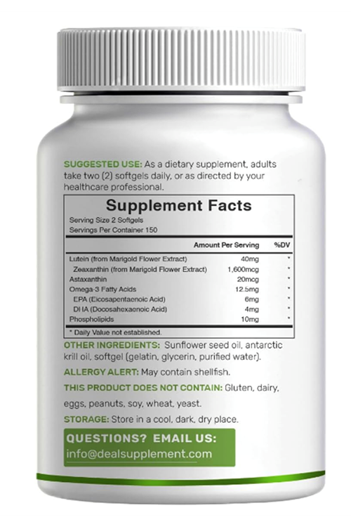 DEAL SUPLAMENT Lutein and Zeaxanthin 40mg Per Serving, 300 Softgels Plus Astaxanthin, Omega-3s,  Phospholipids Non-GMO.