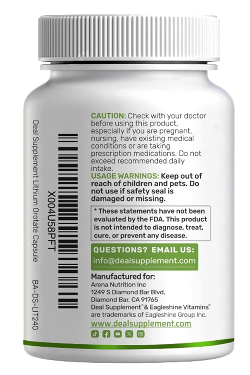 DEAL SUPLAMENT Lithium Orotate 5mg, 240 Capsules – Highly Bioavailable.
