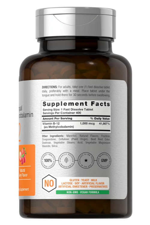 Horbäach Vitamin B12 Sublingual 1000mcg  400 Fast Dissolve Tablet Methylcobalamin for Adults Natural Berry Flavor Vegan, Non-GMO, and Gluten Free.4145