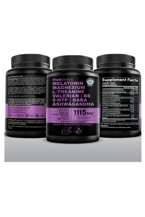 MEDCHOICE  Natural Sleep Magnesium Glycinate 500mg, L Theanine, Valerian Root,, GABA, 5-HTP, 90 Capsul.ABD MENŞEİ.50.
