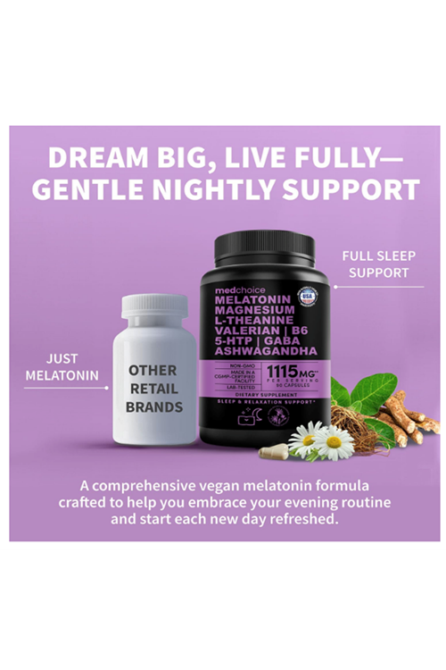 MEDCHOICE  Natural Sleep Magnesium Glycinate 500mg, L Theanine, Valerian Root,, GABA, 5-HTP, 90 Capsul.ABD MENŞEİ.50.
