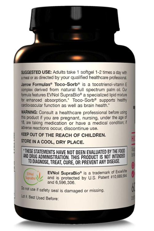 Jarrow Formulas Toco-Sorb Cardiovascular and Brain Function Support,High Absorption Formul, Tocotrienol-Tocopherol Complex and Vitamin E, 60 Softgels.