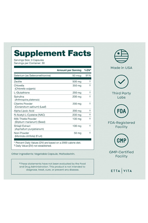 Etta Vita Zeolite Cleanse Liver Detox 90 Capsul Repair-Microplastics for Gut Health,Cognition Natural Energy-Glutathione,NAC,Chlorella,Spirulina,ALA,Cilantro,Milk Thistle,Noni, Shilajit.Made ın Usa.