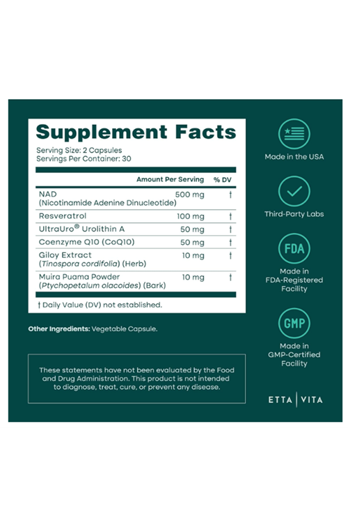 Etta Vita Liposomal NAD+ 60 Capsul Resveratrol, Urolithin A, CoQ10,Muira Puama Natural Energy, Brain Fog, Digestion, Detox, Gut Health, Microbiome, NR NMN Replacement.Made ın Usa.