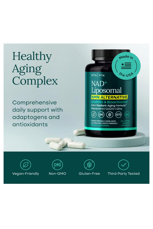 Etta Vita Liposomal NAD+ 60 Capsul Resveratrol, Urolithin A, CoQ10,Muira Puama Natural Energy, Brain Fog, Digestion, Detox, Gut Health, Microbiome, NR NMN Replacement.Made ın Usa.