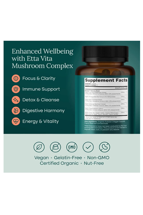 Etta Vita Mushroom+Asvaganda 90 Capsul Lions Mane,Chaga,Reishi,Cordyceps,Turkey Tail 10x Adaptogenic Complex Focus-Energy,Immunity Nootropic.