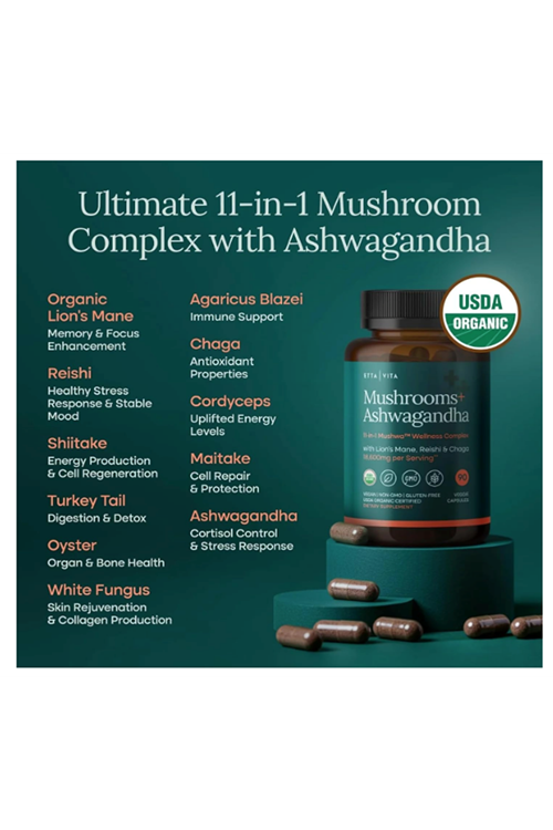 Etta Vita Mushroom+Asvaganda 90 Capsul Lions Mane,Chaga,Reishi,Cordyceps,Turkey Tail 10x Adaptogenic Complex Focus-Energy,Immunity Nootropic.