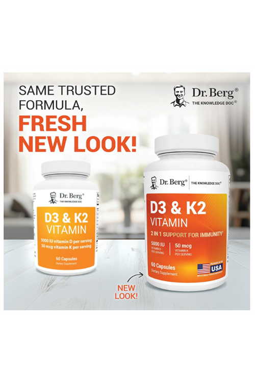 Dr. Berg  Vitamin D3 & K2 5,000 IU + MK-7 – 60 Capsul (ÖSG ÖZEL SPORCU GIDALARI) Immune, Bone  Heart Support Magnezium, Zinc, B6. 