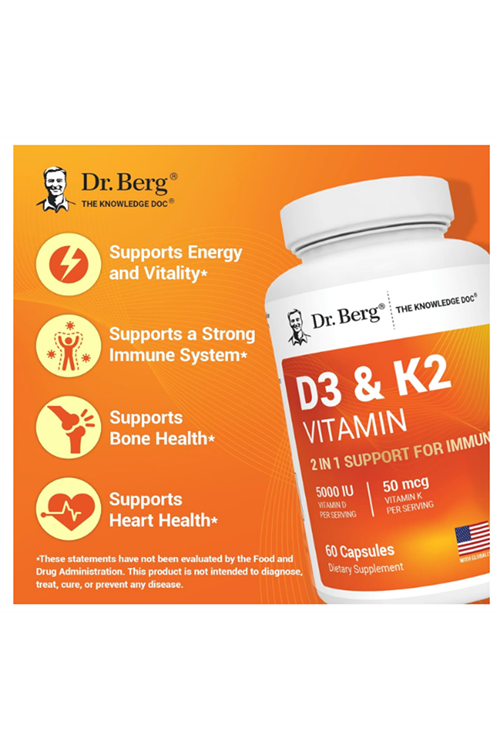 Dr. Berg  Vitamin D3 & K2 5,000 IU + MK-7 – 60 Capsul (ÖSG ÖZEL SPORCU GIDALARI) Immune, Bone  Heart Support Magnezium, Zinc, B6. 