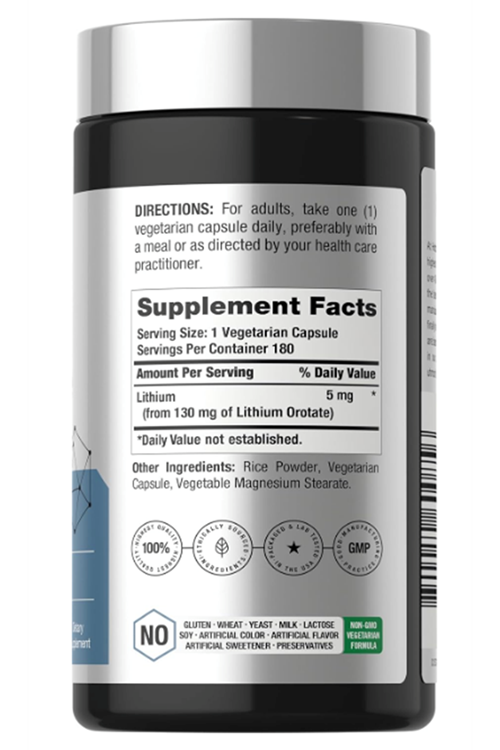Horbäach Lithium Orotate 130mg  180 Capsul Non-GMO, Gluten Free  5mg. Usa Menşei.43.