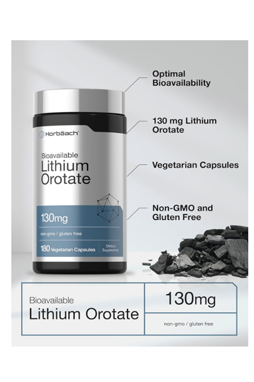 Horbäach Lithium Orotate 130mg  180 Capsul Non-GMO, Gluten Free  5mg. Usa Menşei.43.