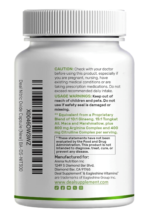 DEAL SUPLAMENT Nitric Oxide Supplement 3000mg, 300 Capsules – Arginine, Citrulline, Korean Red Ginseng, Tonkat Ali, Maca Root, Marshmallow Blend.
