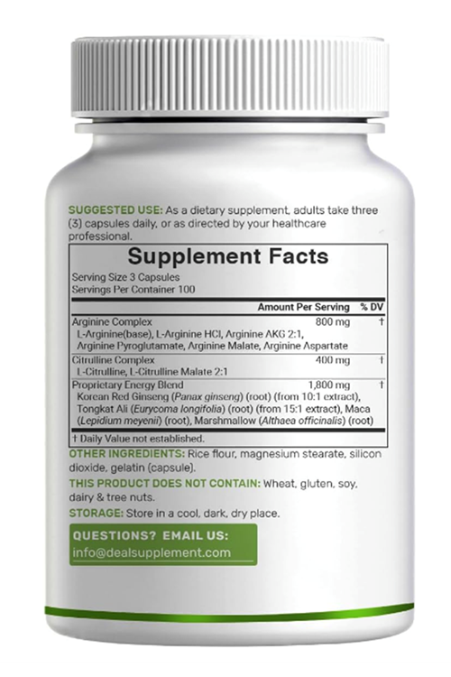 DEAL SUPLAMENT Nitric Oxide Supplement 3000mg, 300 Capsules – Arginine, Citrulline, Korean Red Ginseng, Tonkat Ali, Maca Root, Marshmallow Blend.
