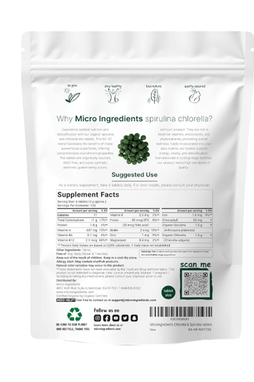 Micro Ingredients Organic Spirulina Chlorella Tablets, 3,000mg Per Serving, 720 Tablets.