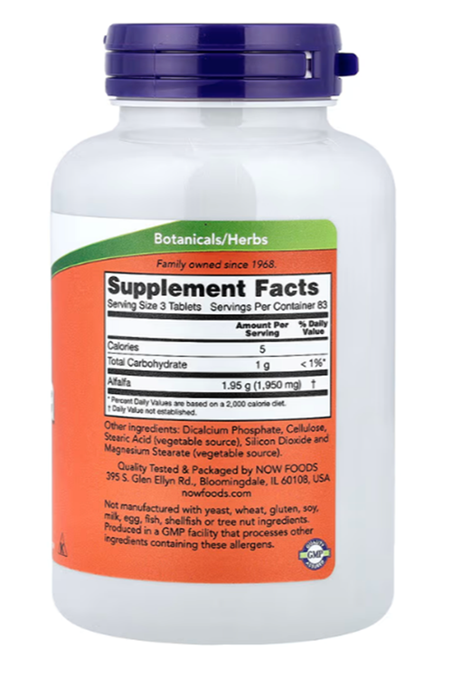 NOW Foods  Alfalfa Mikro Besin Desteği 650 mg, 250 Tablet.Made ın Usa.