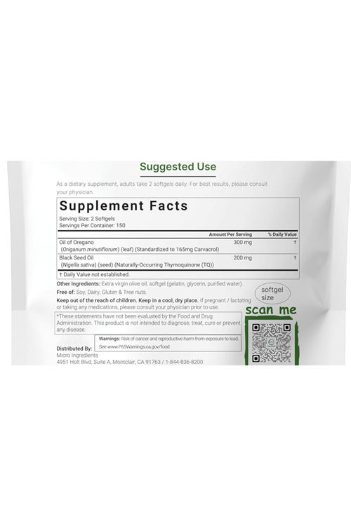 Micro Ingredients Oil of Oregano 300 Softgels Black Seed Oil 4X Strength Carvacrol  Thymoquinone  Plant Based Non-GMO.