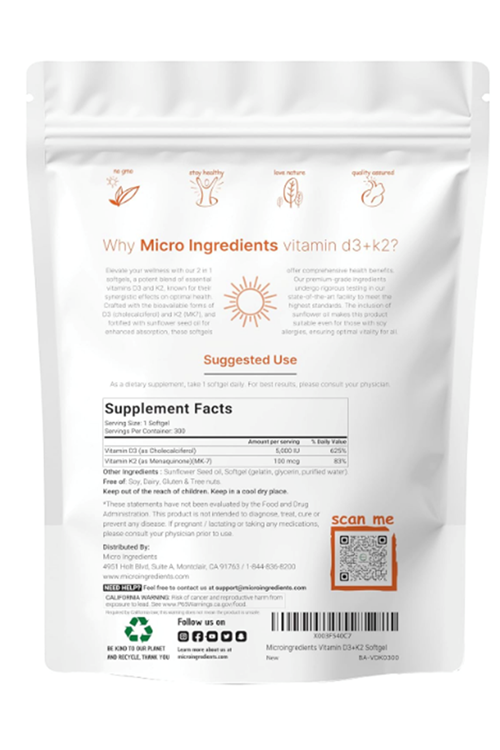 Micro Ingredients Vitamin D3 5,000 IU + K2 MK-7 100 mcg, 300 Softgels  Vitamins D - K Complex  Extra Strength, Easy to Swallow, Non-GMO, Gluten Free.