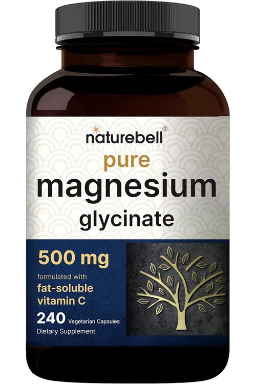 Naturebell Pure Magnesium Glycinate 500mg 240 Veggie Capsules with Fat Soluble Vitamin C, Veggie Capsules – 3rd Party Tested.USA.43.