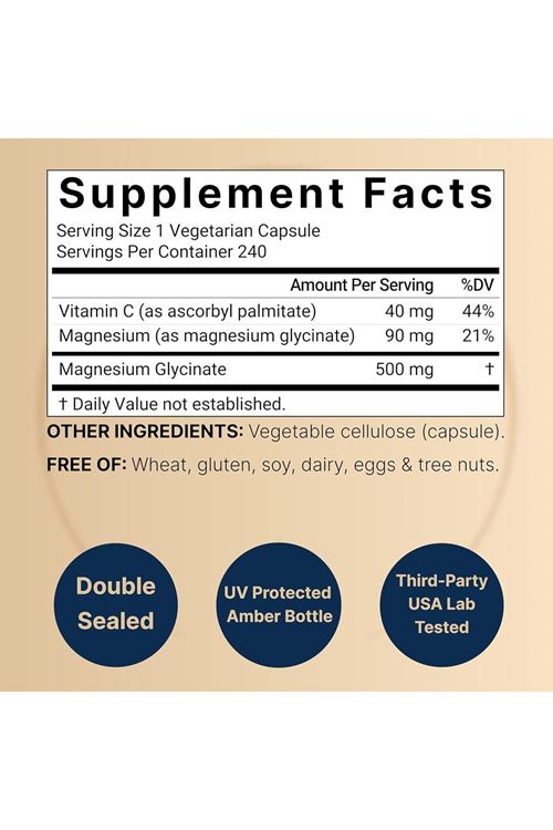 Naturebell Pure Magnesium Glycinate 500mg 240 Veggie Capsules with Fat Soluble Vitamin C, Veggie Capsules – 3rd Party Tested.USA.43.